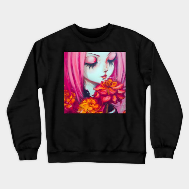 Pink Haired Girl with Dahlia Flowers Crewneck Sweatshirt by Ravenglow